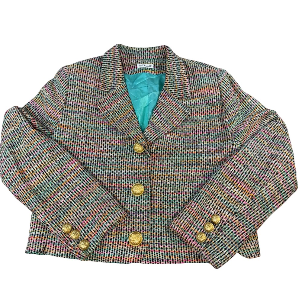Ann May Womens 100% Silk Rainbow Tweed Cropped Blazer Gold Crest Buttons 10
